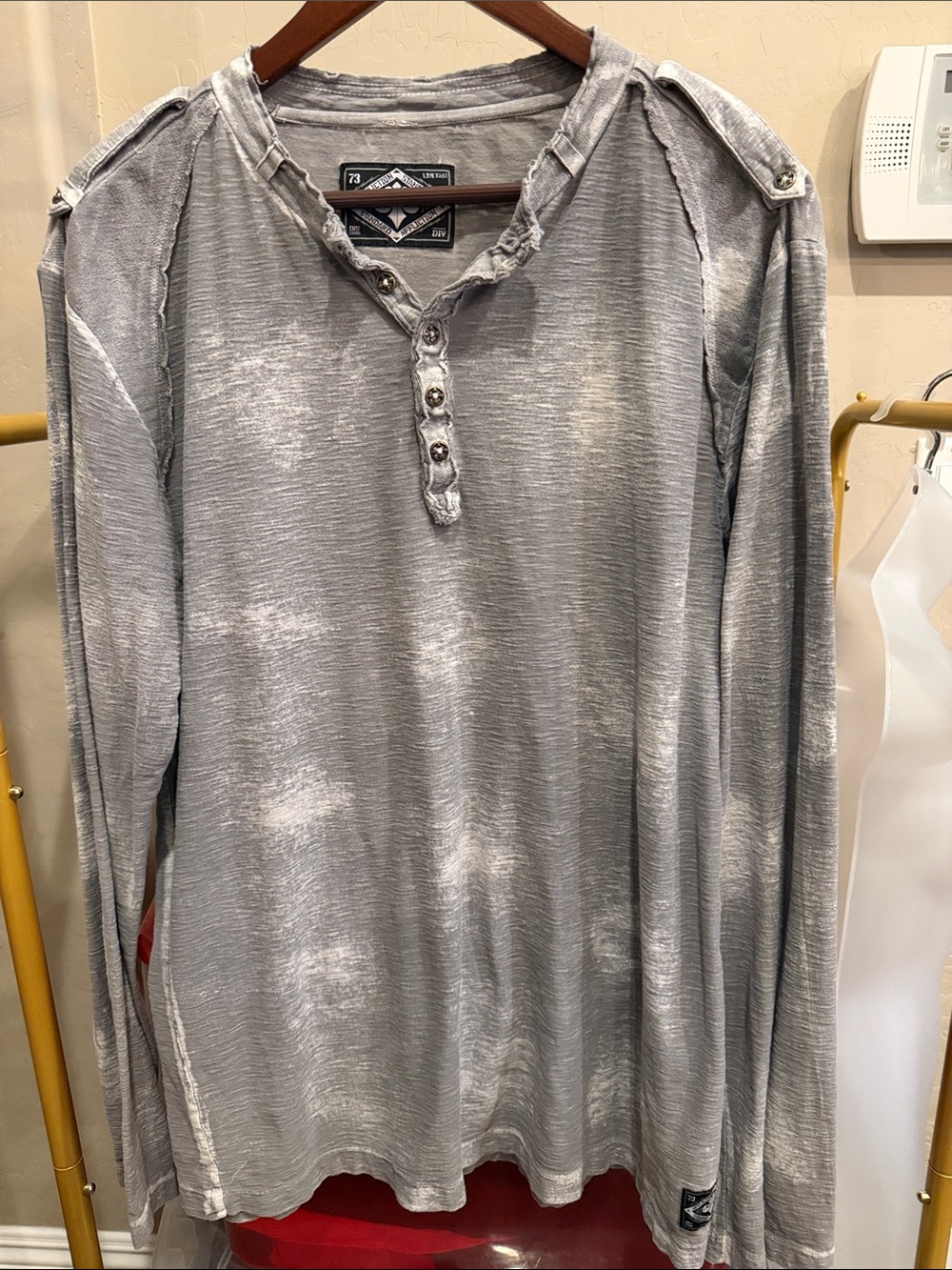 Affliction Men's Washed Gray Long-Sleeve Henley with Epaulettes